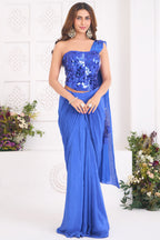 Cobalt Blue Crepe Satin Pre-Draped Saree with Asymmetric Mirror-Foil Applique Corset Blouse