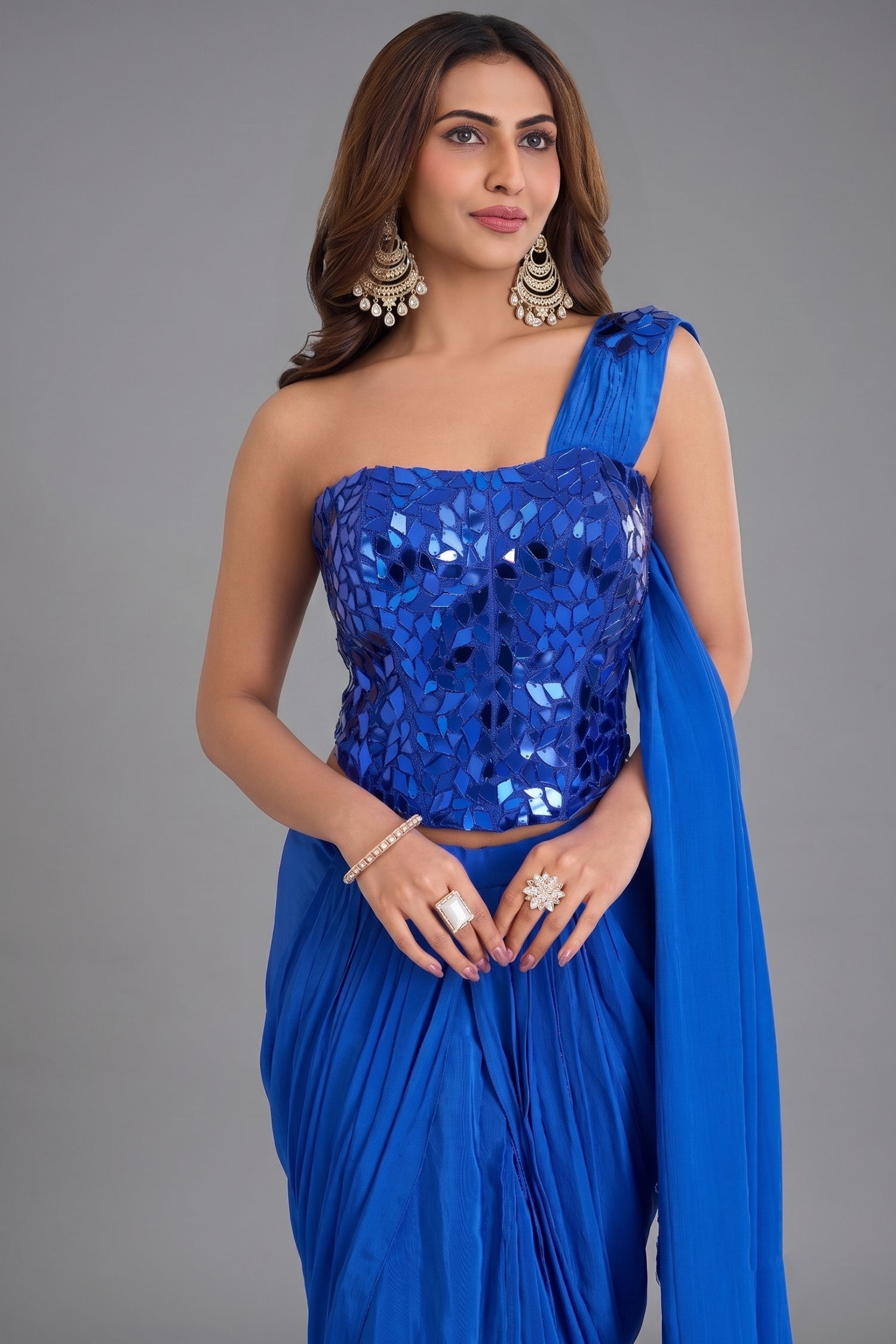 Cobalt Blue Crepe Satin Pre-Draped Saree with Asymmetric Mirror-Foil Applique Corset Blouse Secondary image
