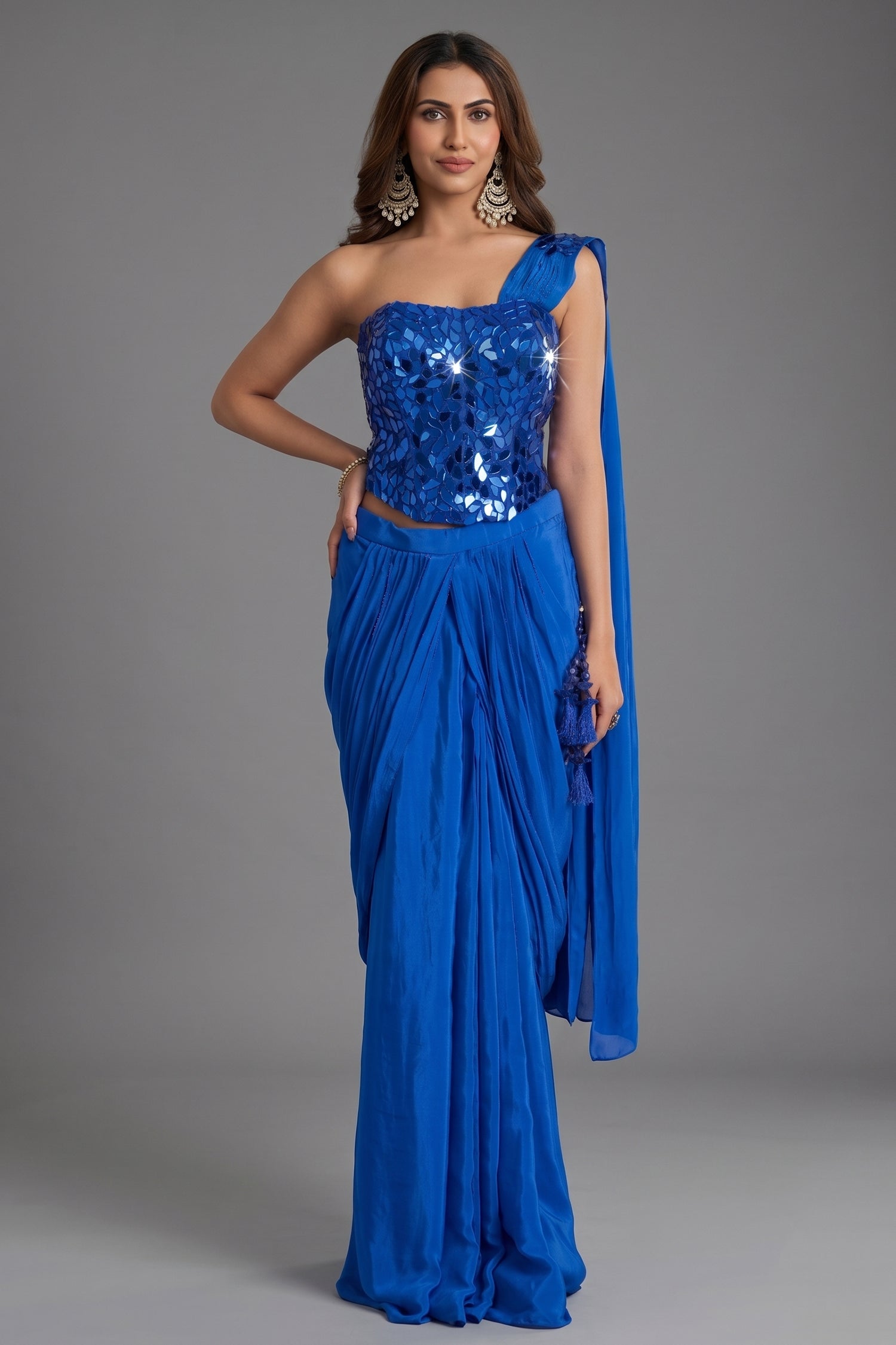Cobalt Blue Crepe Satin Pre-Draped Saree with Asymmetric Mirror-Foil Applique Corset Blouse Main image