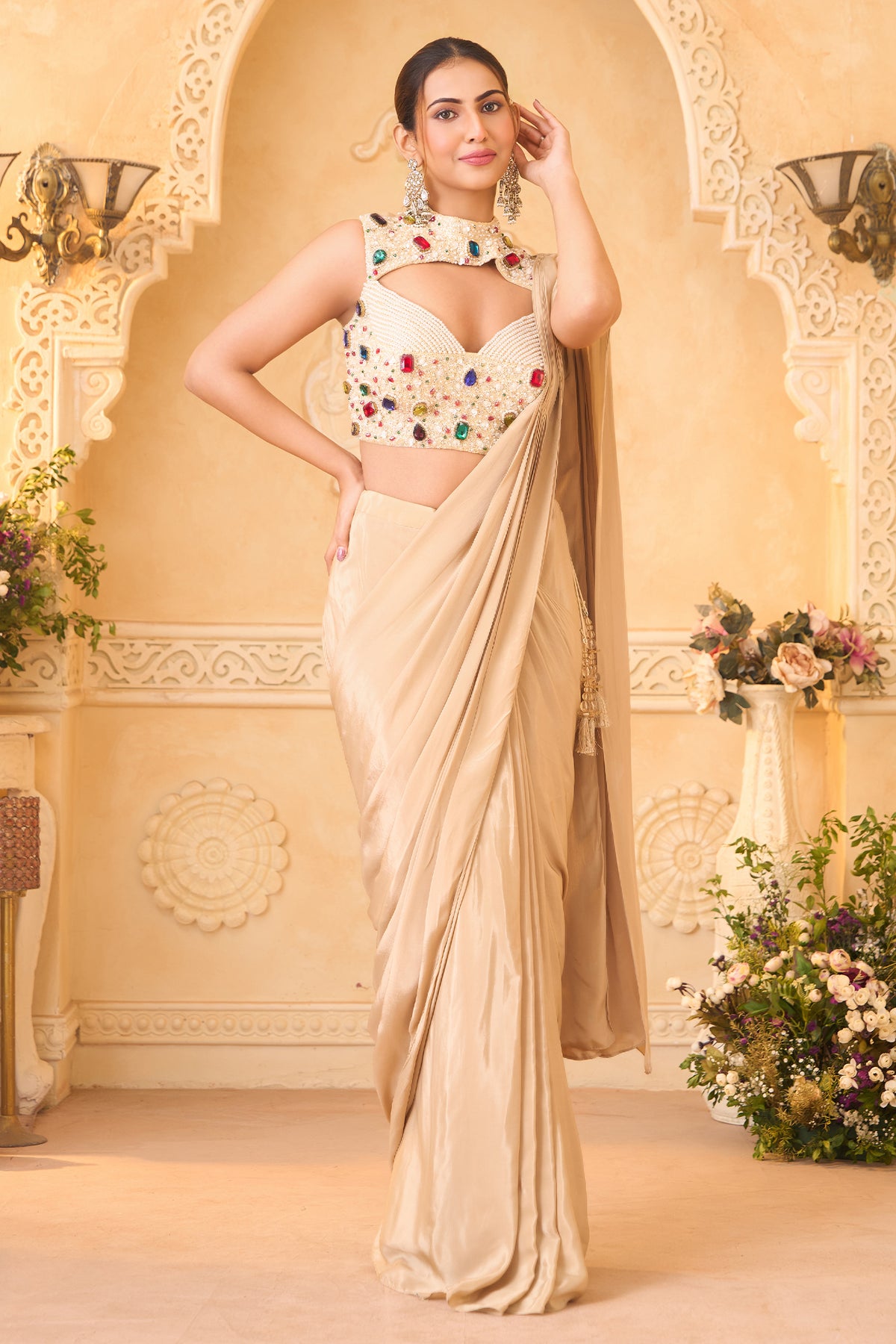 Champagne Beige Satin Crepe Pre-Draped Saree featuring Keyhole Cutout Choli Heavily Encrusted with Jewels