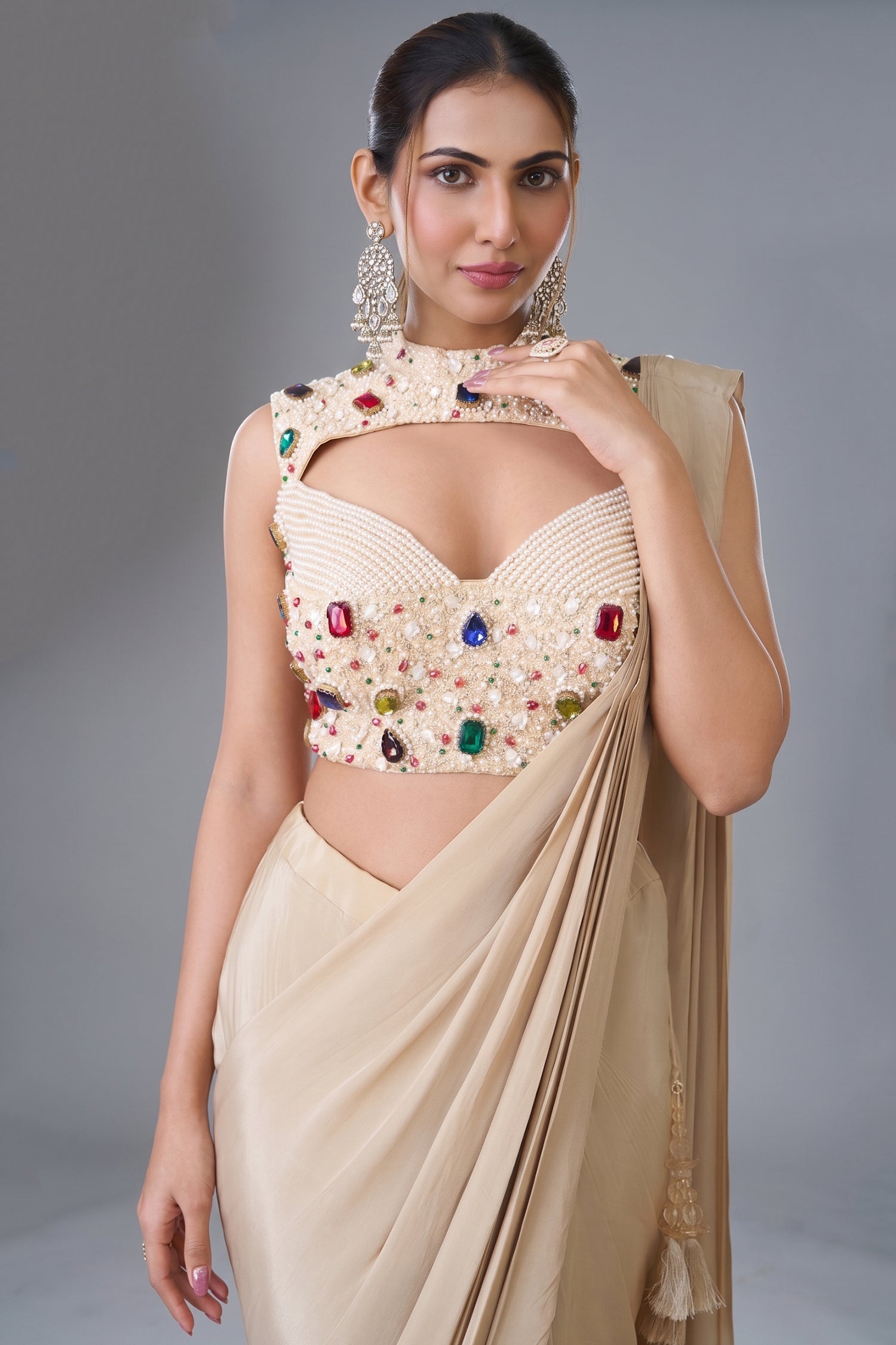 Champagne Beige Satin Crepe Pre-Draped Saree featuring Keyhole Cutout Choli Heavily Encrusted with Jewels Secondary image