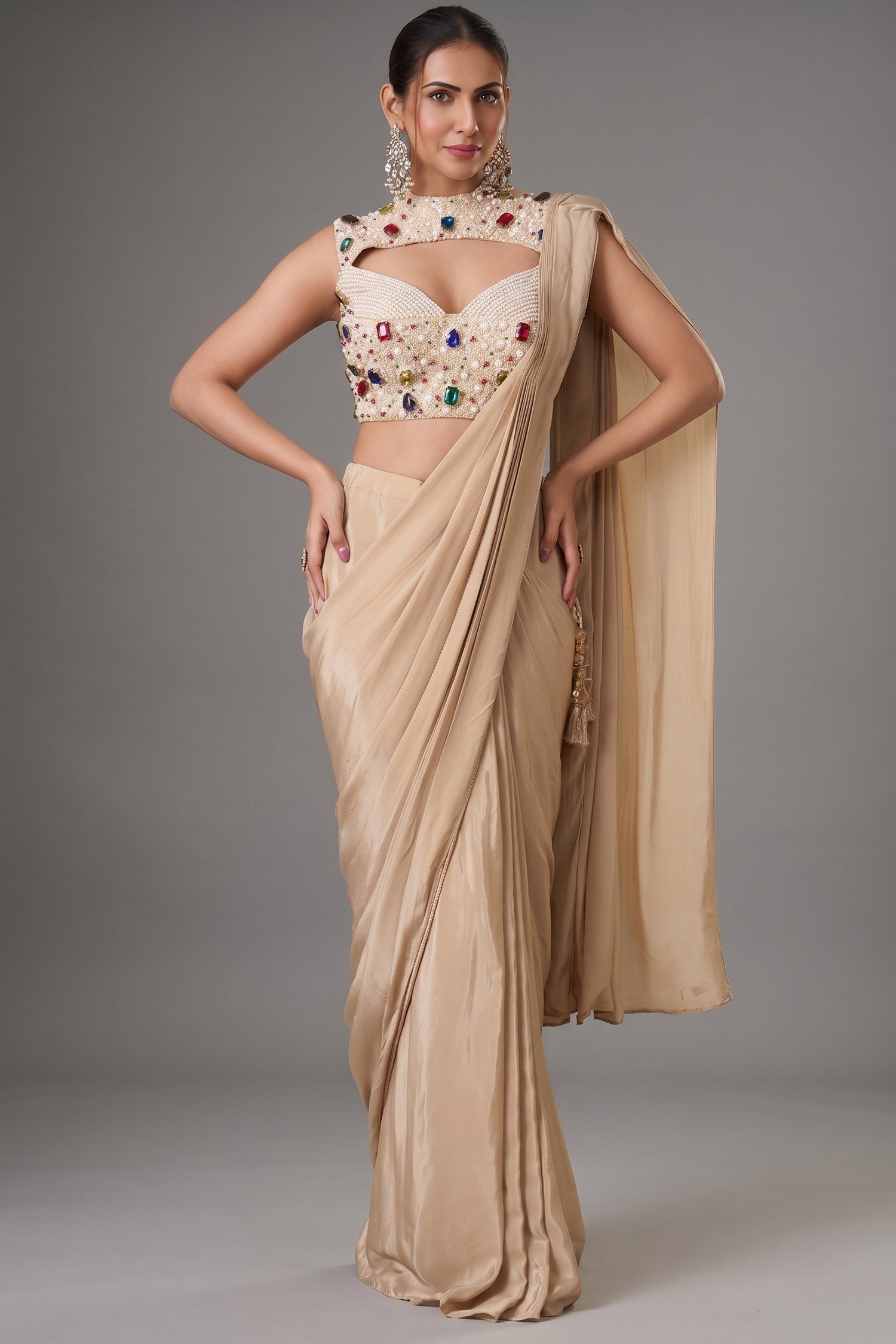 Champagne Beige Satin Crepe Pre-Draped Saree featuring Keyhole Cutout Choli Heavily Encrusted with Jewels Main image
