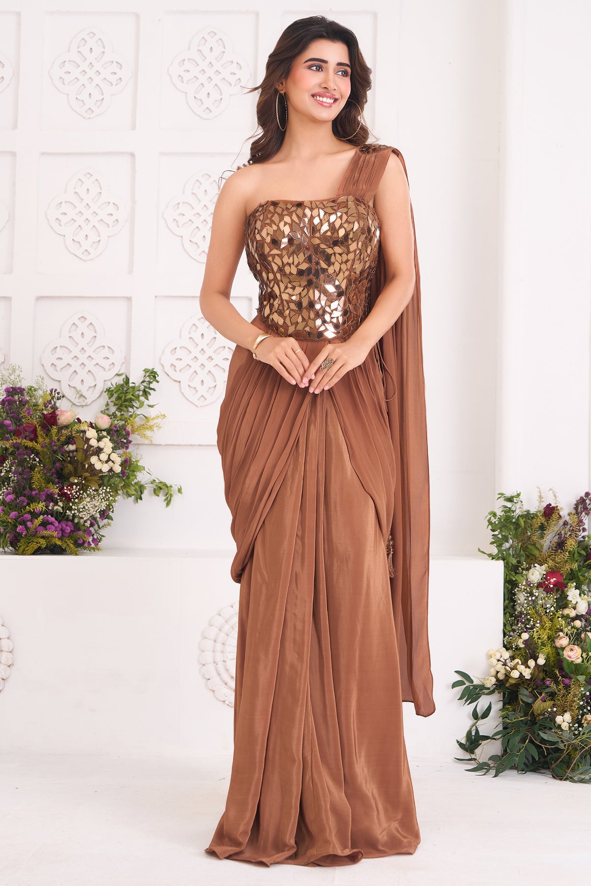Bronze Brown Crepe Satin Pre-Draped Saree with Asymmetric Mirror-Foil Applique Corset Blouse
