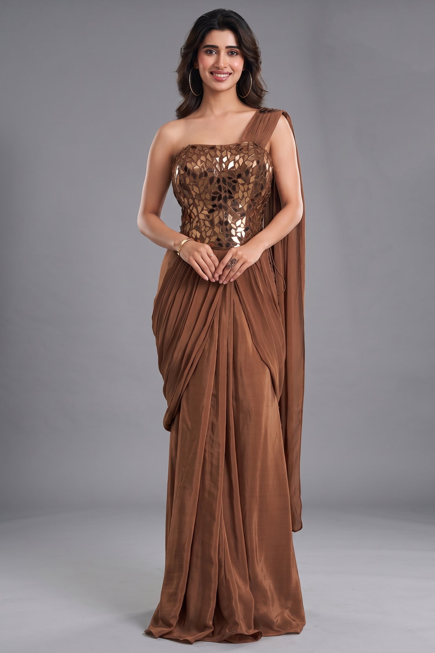 Bronze Brown Crepe Satin Pre-Draped Saree with Asymmetric Mirror-Foil Applique Corset Blouse Main image