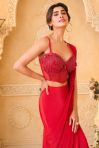 Crimson Red Crepe Silk Pre-Draped Saree with Structural Sweetheart Corset Blouse