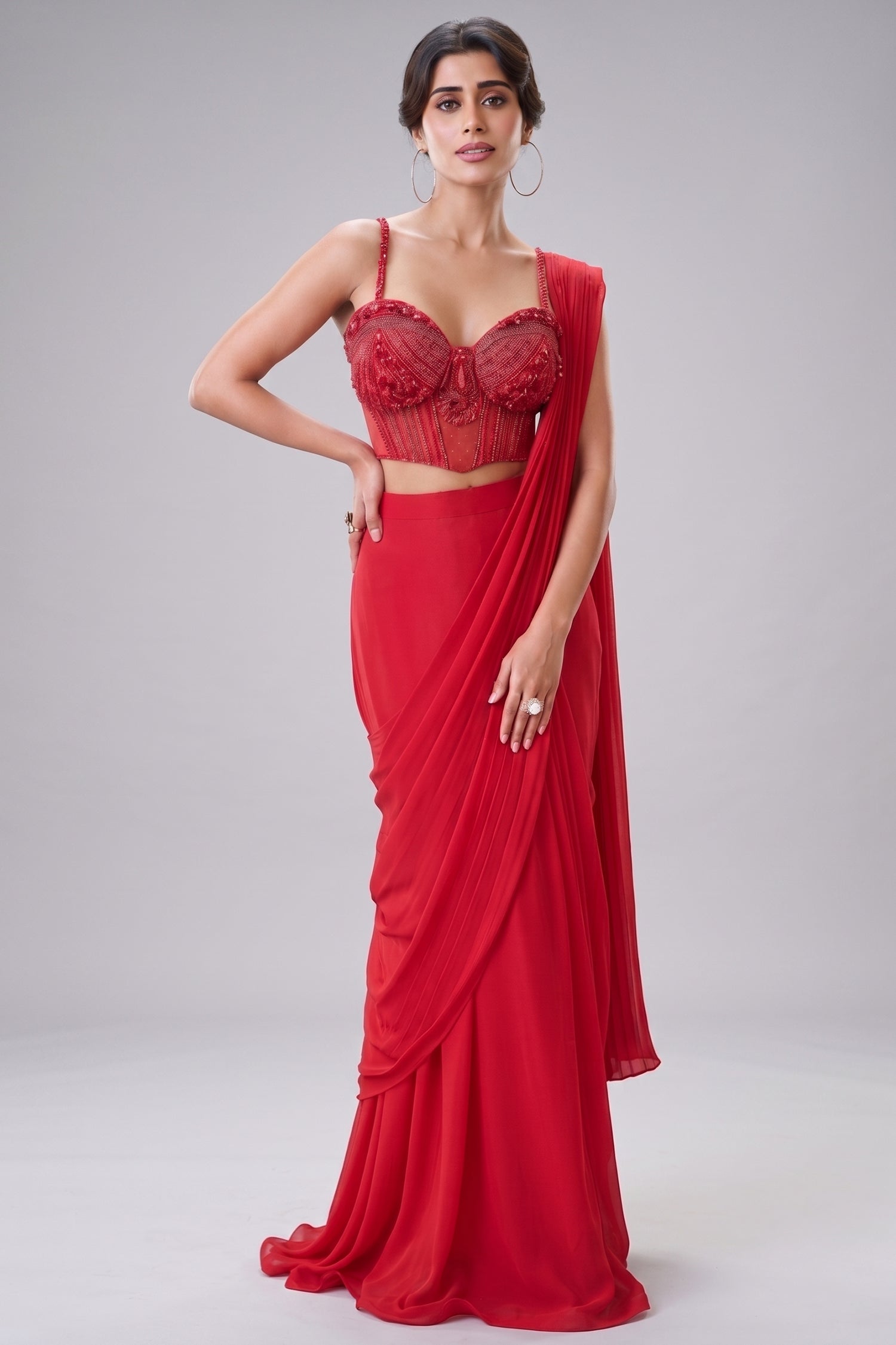 Crimson Red Crepe Silk Pre-Draped Saree with Structural Sweetheart Corset Blouse Main image