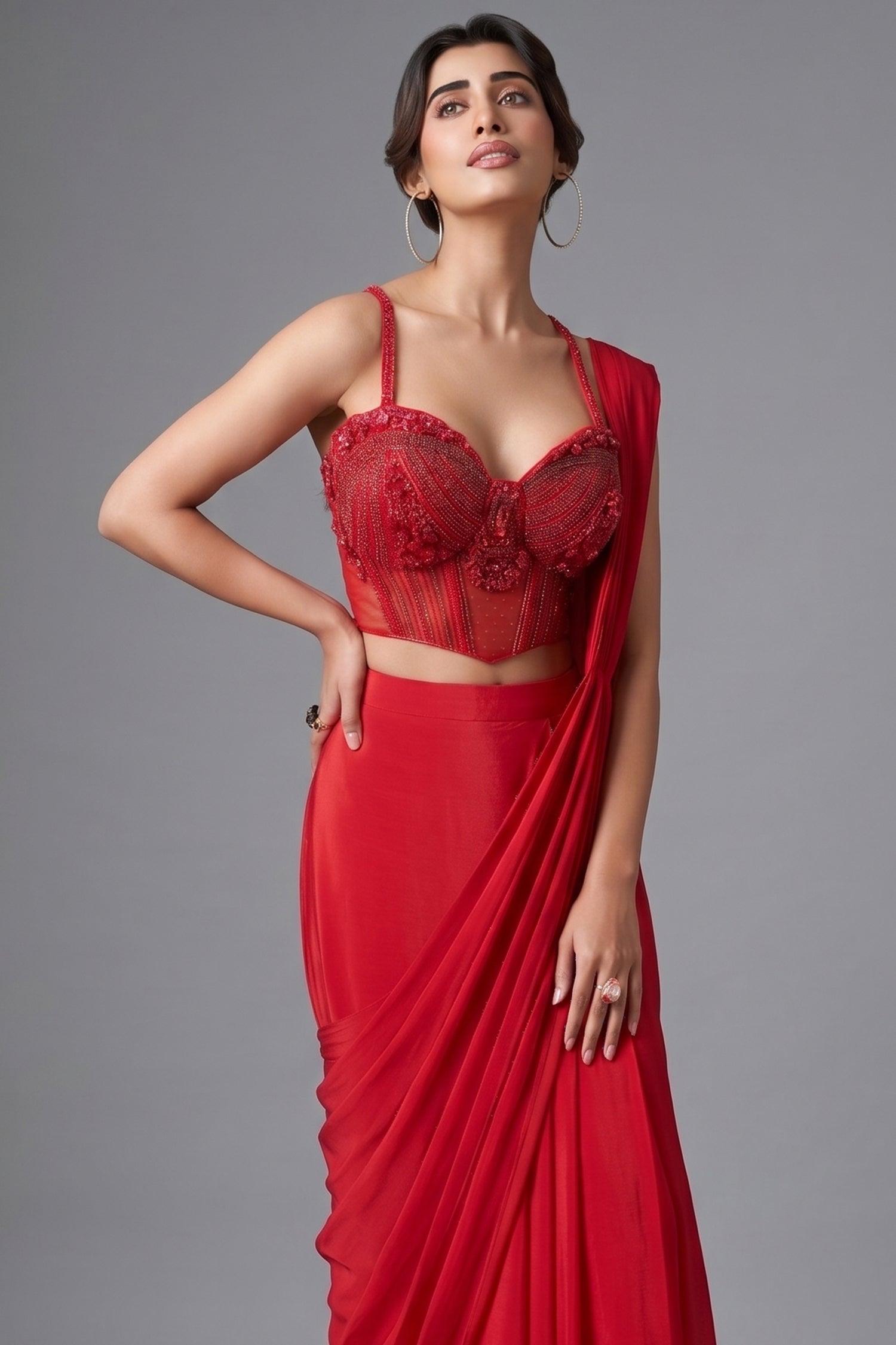 Crimson Red Crepe Silk Pre-Draped Saree with Structural Sweetheart Corset Blouse Secondary image