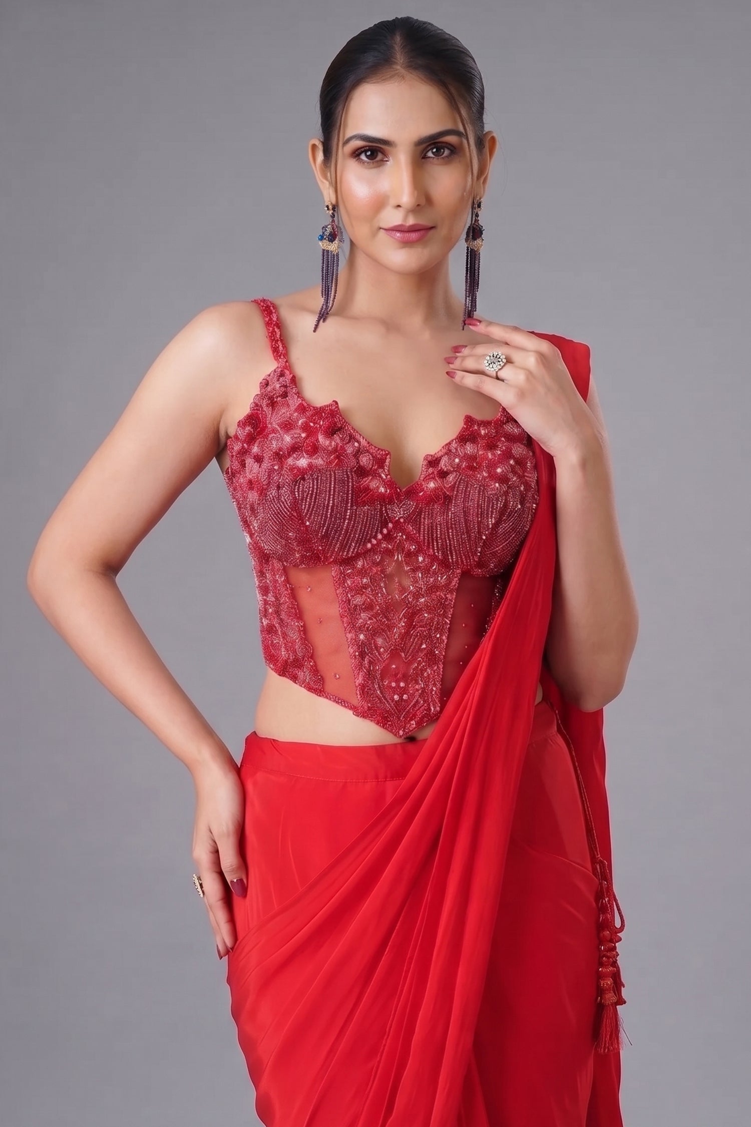 Rose Red Pre-Draped Saree Set featuring Basqued Corset Blouse in Sequin Cutdana Work Secondary image