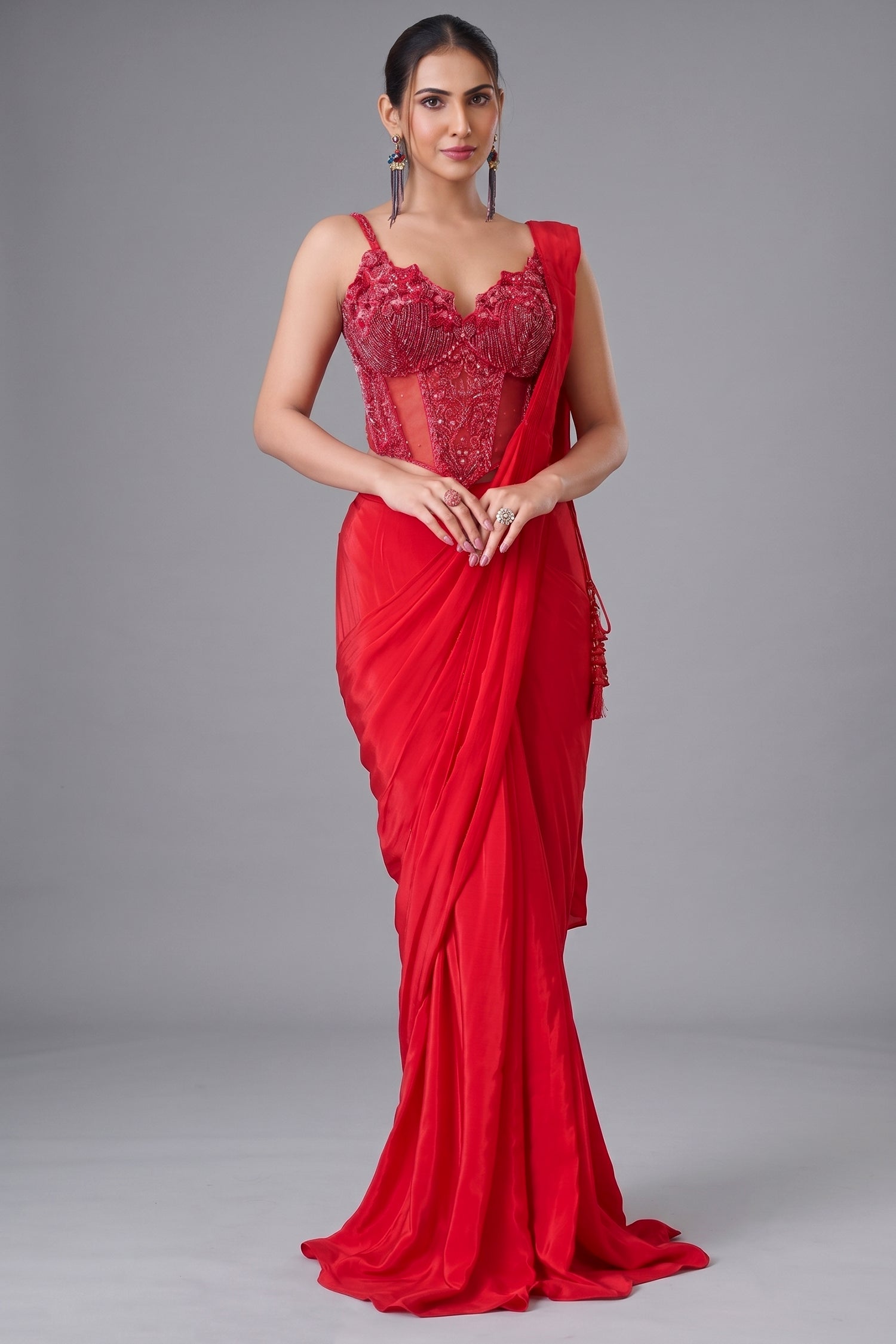 Rose Red Pre-Draped Saree Set featuring Basqued Corset Blouse in Sequin Cutdana Work Main image