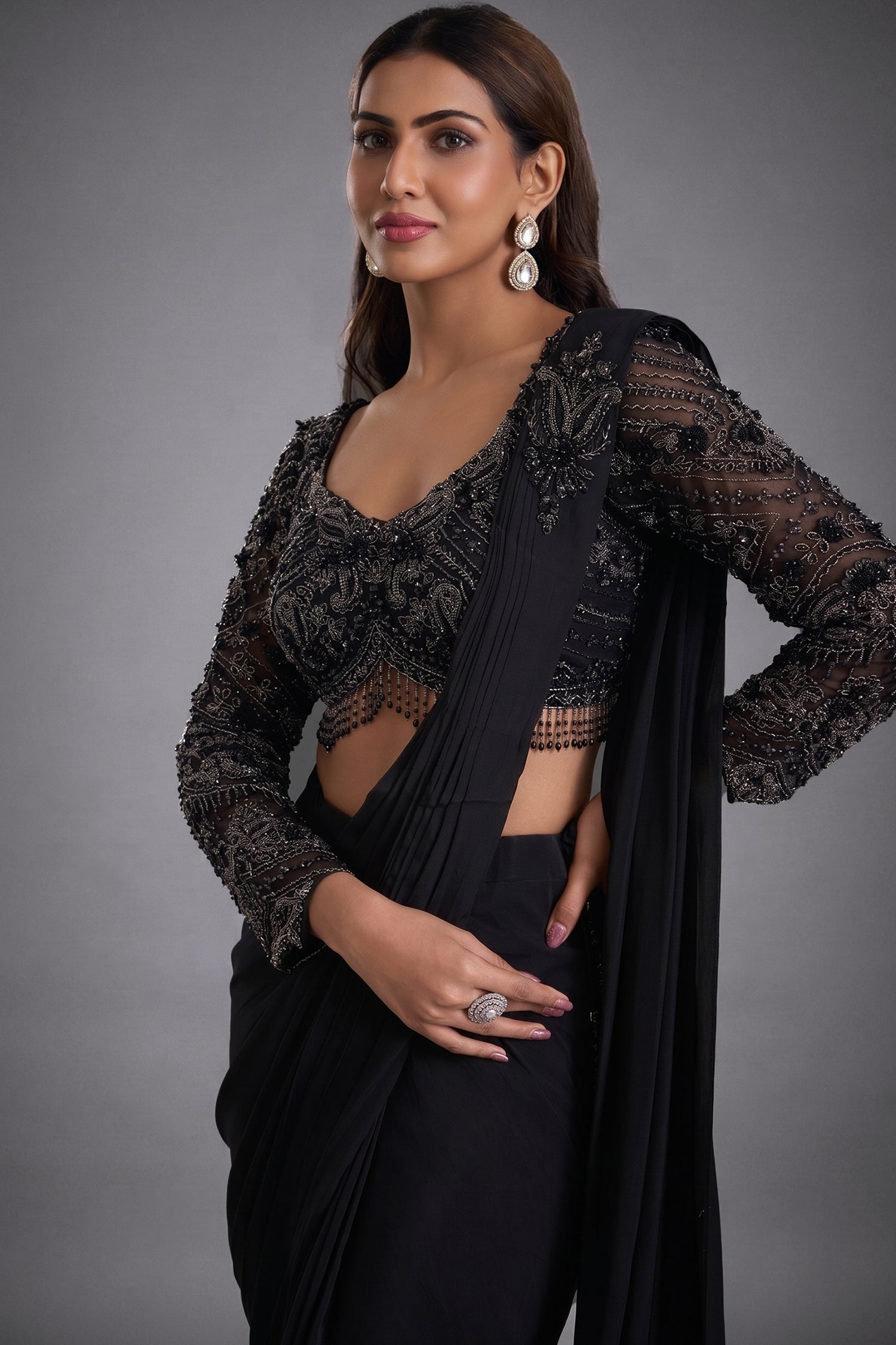 Black Crepe Silk Pre-Draped Saree with Full-Sleeve Scalloped Crystal Blouse Secondary image
