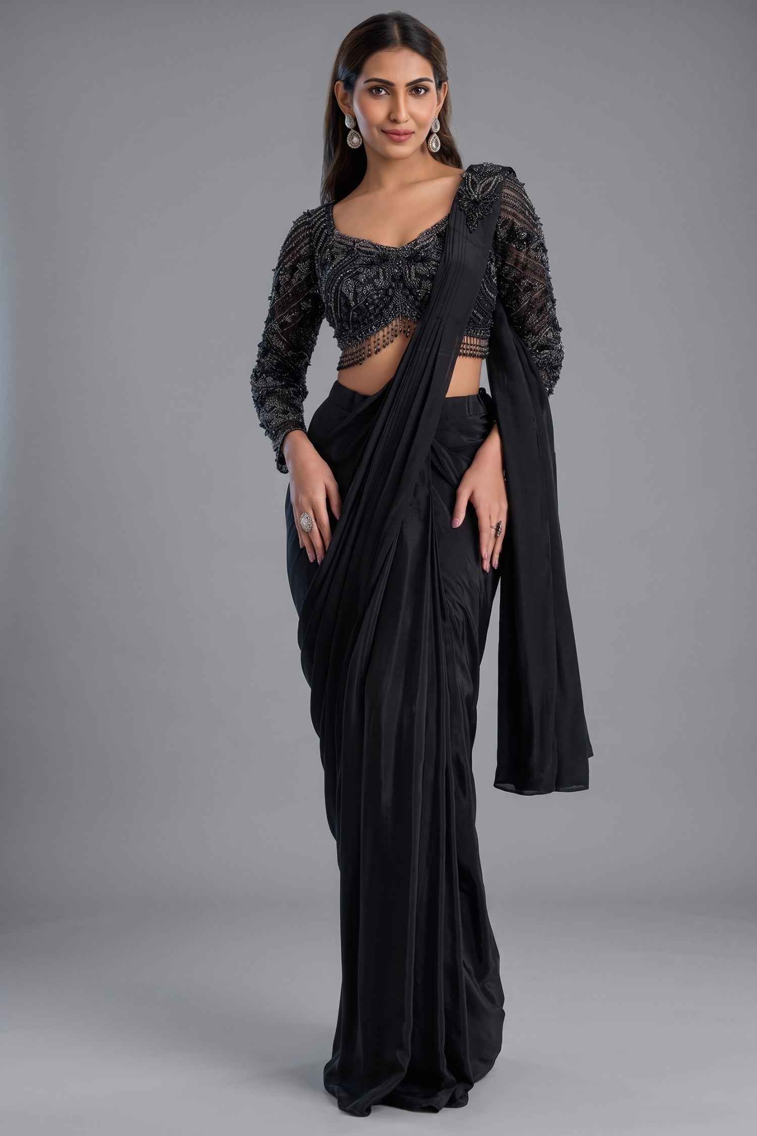 Black Crepe Silk Pre-Draped Saree with Full-Sleeve Scalloped Crystal Blouse Main image