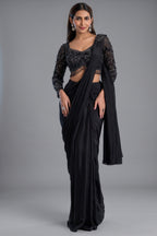 Black Crepe Silk Pre-Draped Saree with Full-Sleeve Scalloped Crystal Blouse
