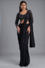 Black Crepe Silk Pre-Draped Saree with Full-Sleeve Scalloped Crystal Blouse