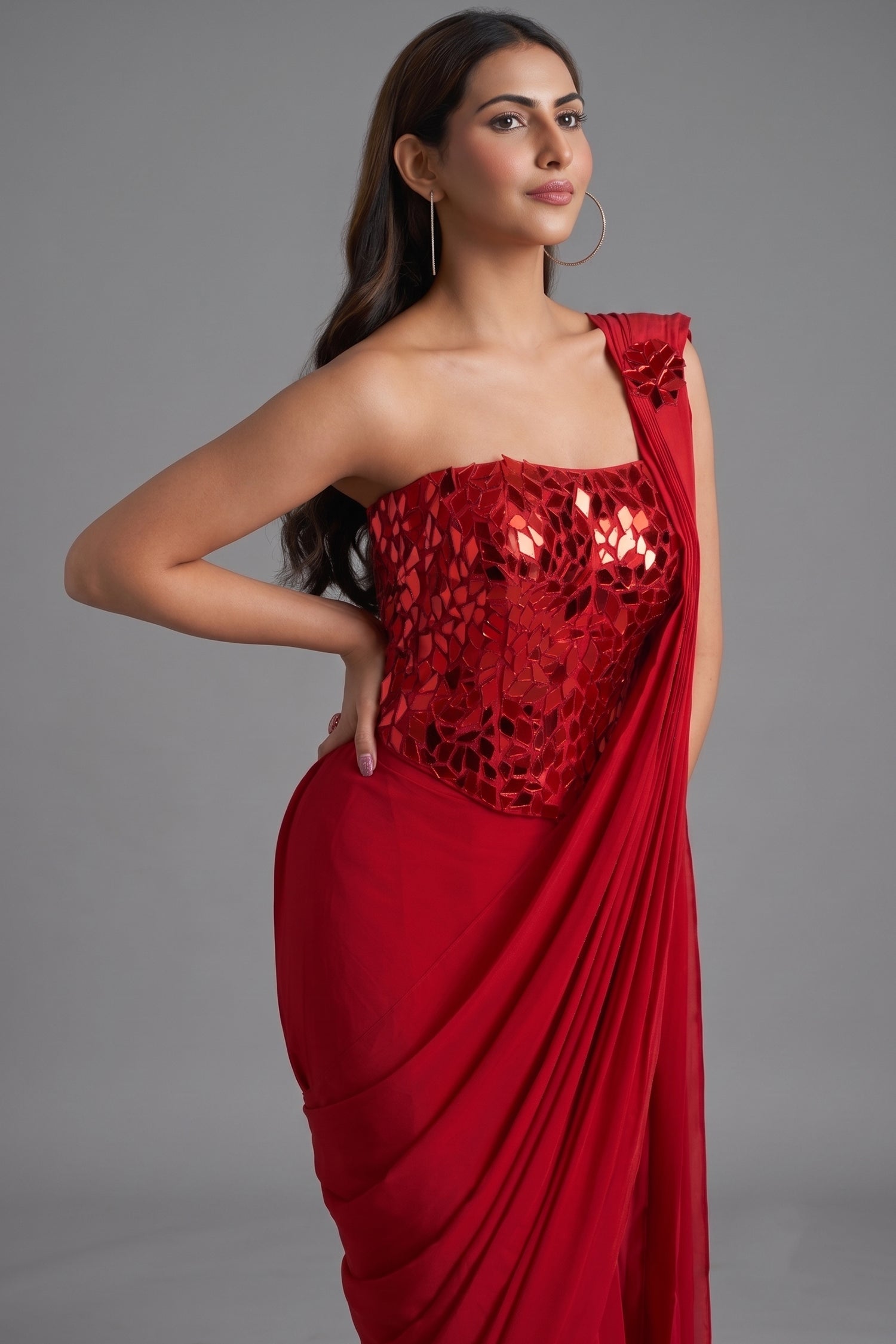 Red Crepe Satin Pre-Draped Saree with Asymmetric Mirror-Foil Applique Corset Blouse Secondary image
