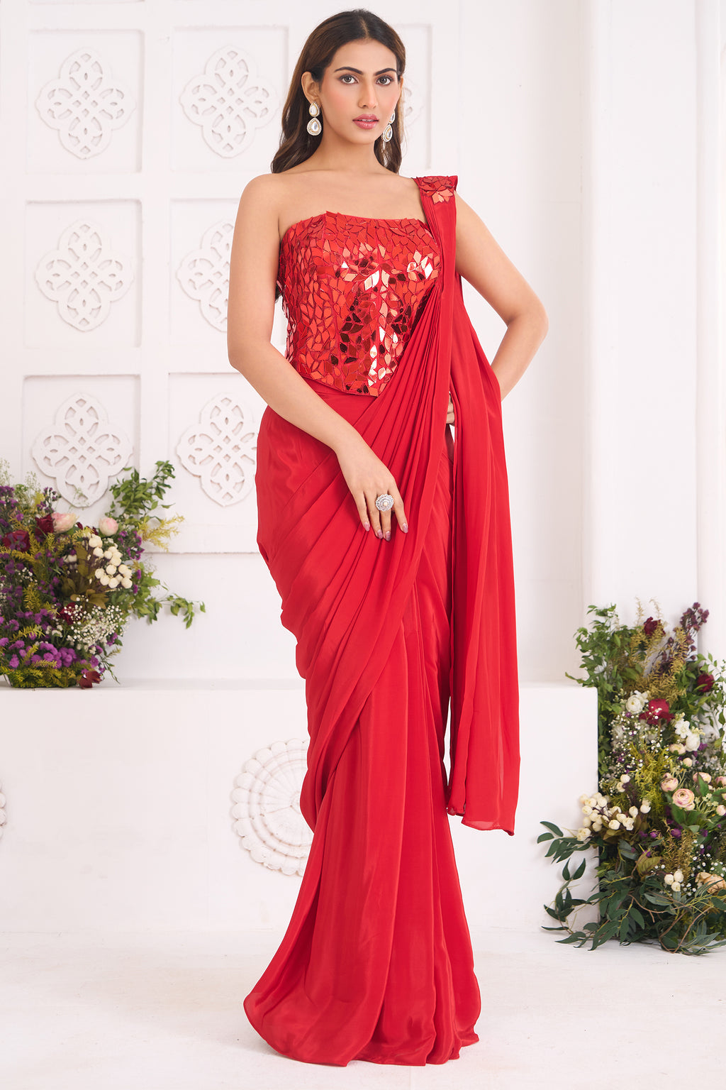 Red Crepe Satin Pre-Draped Saree with Asymmetric Mirror-Foil Applique Corset Blouse