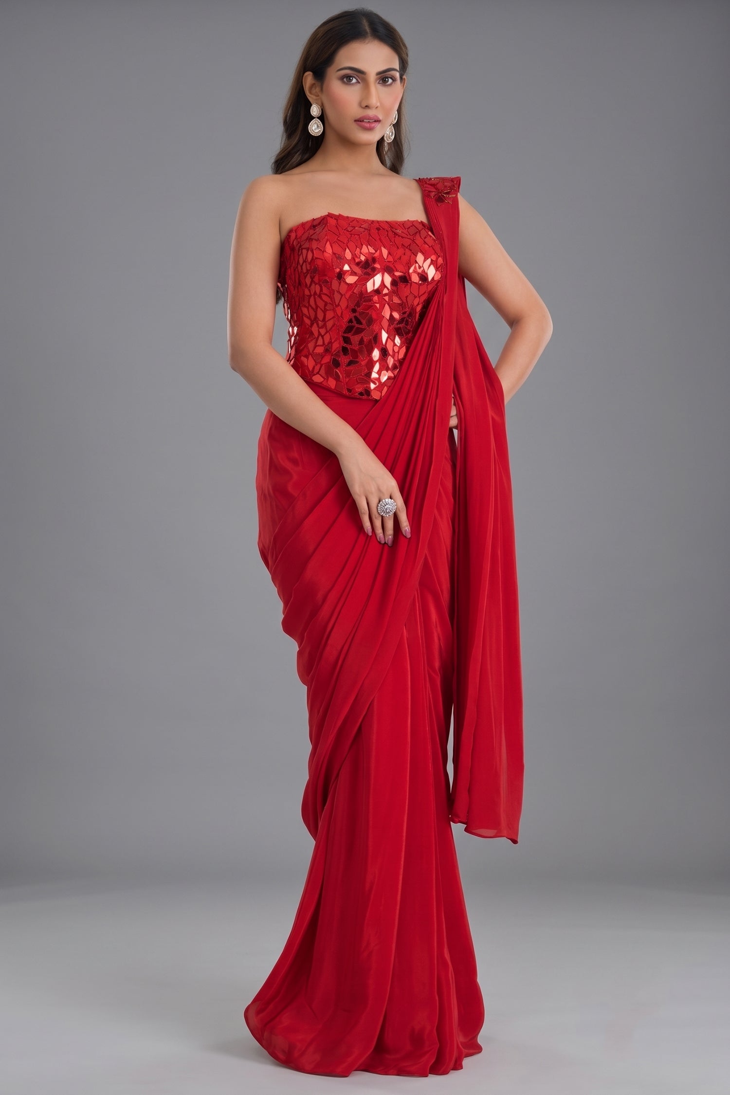 Red Crepe Satin Pre-Draped Saree with Asymmetric Mirror-Foil Applique Corset Blouse Main image