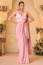 Pink Crepe Satin Silk Pre Draped Saree with Beaded Corset
