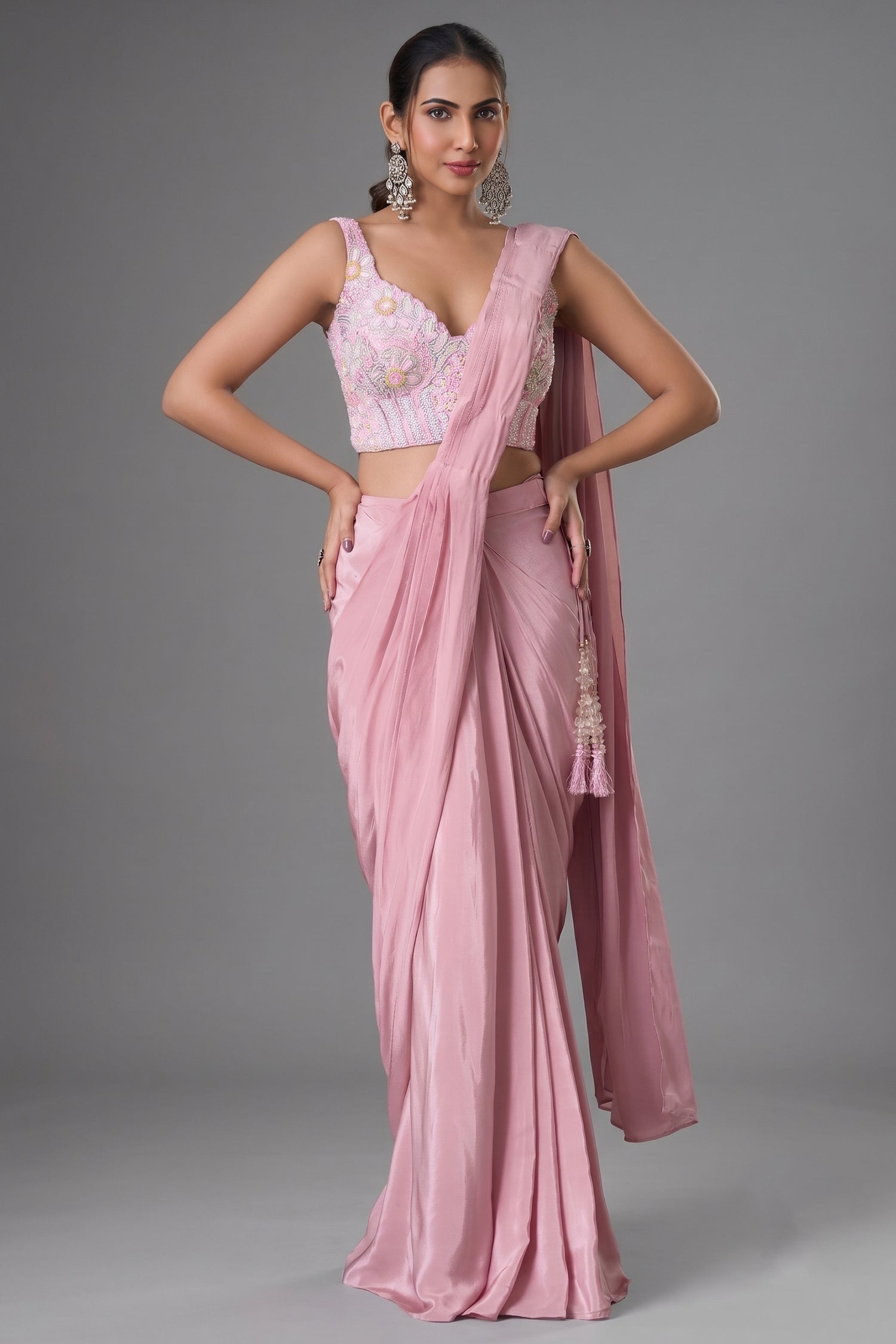 Pink Crepe Satin Silk Pre Draped Saree with Beaded Corset Main image