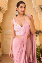 Pink Crepe Satin Silk Pre Draped Saree with Beaded Corset