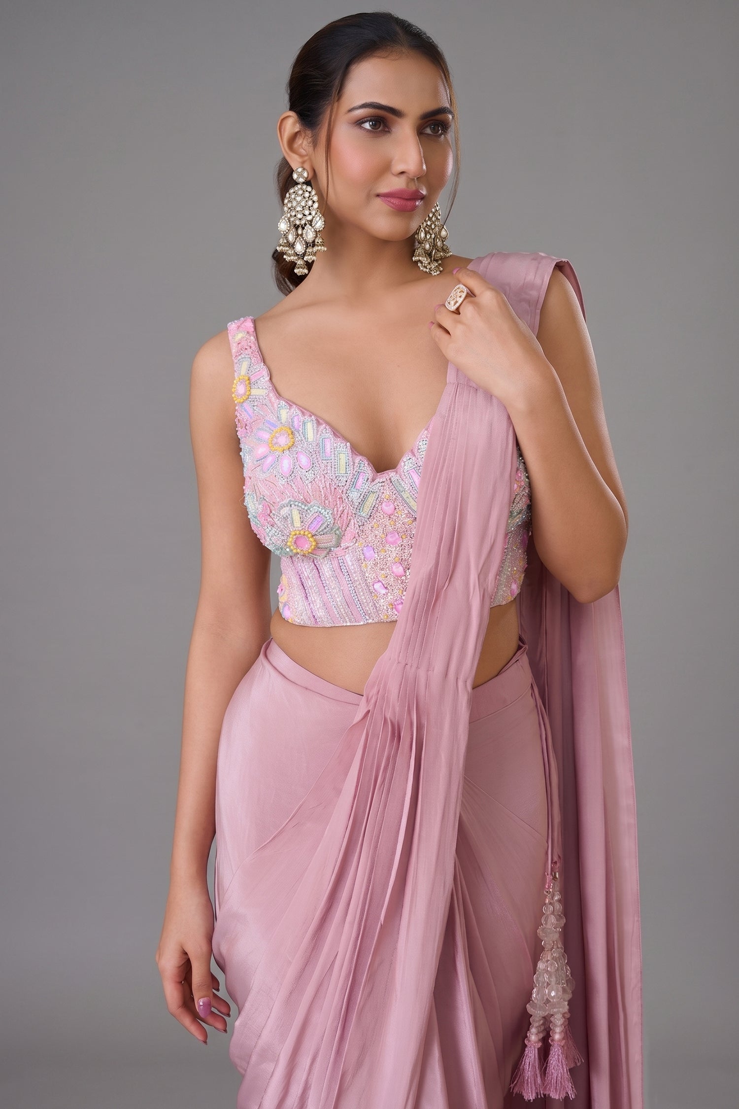 Pink Crepe Satin Silk Pre Draped Saree with Beaded Corset Secondary image
