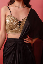 Black Satin High-Slit Draped Saree Set with Metallic Sequin Blouse