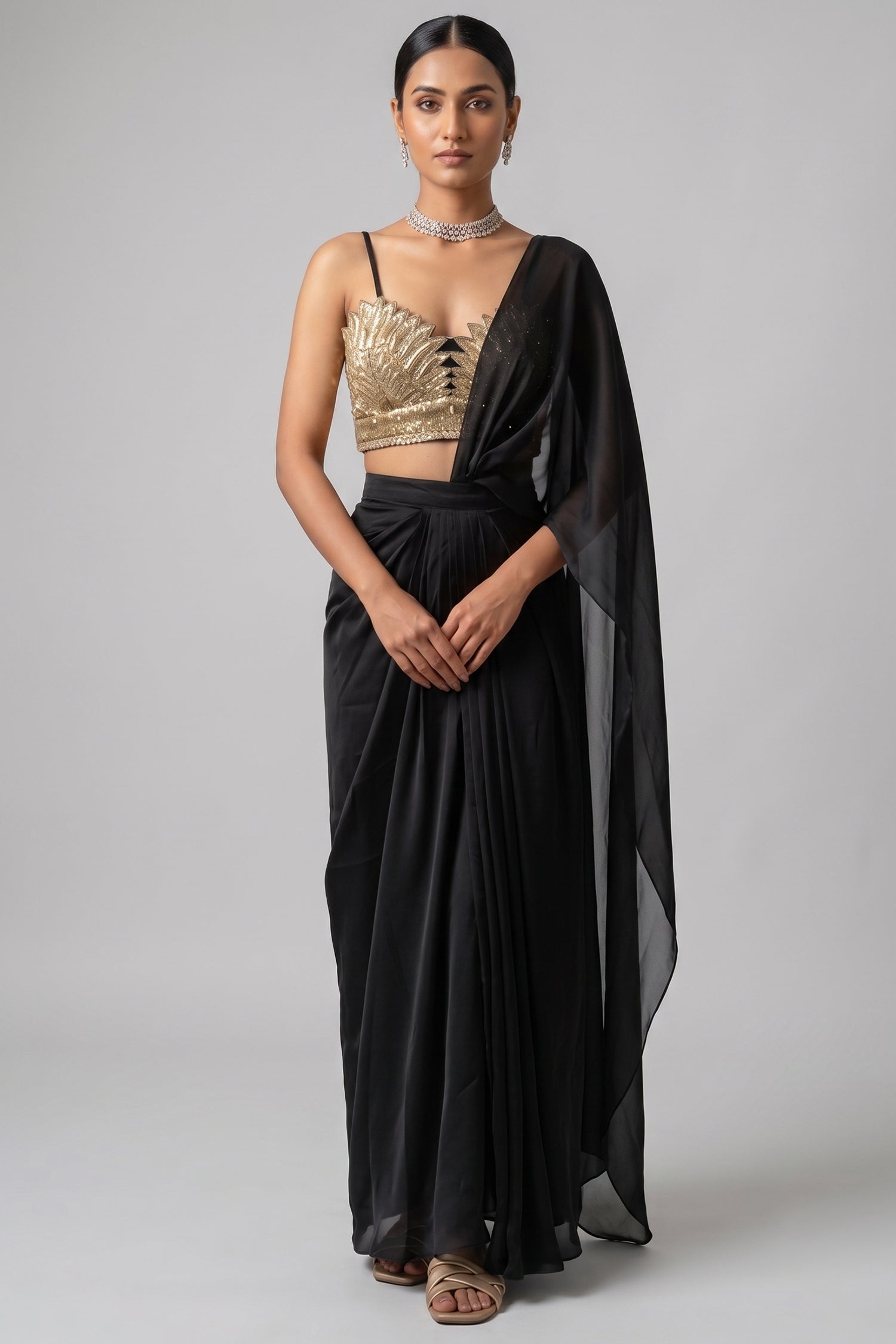 Black Satin High-Slit Draped Saree Set with Metallic Sequin Blouse