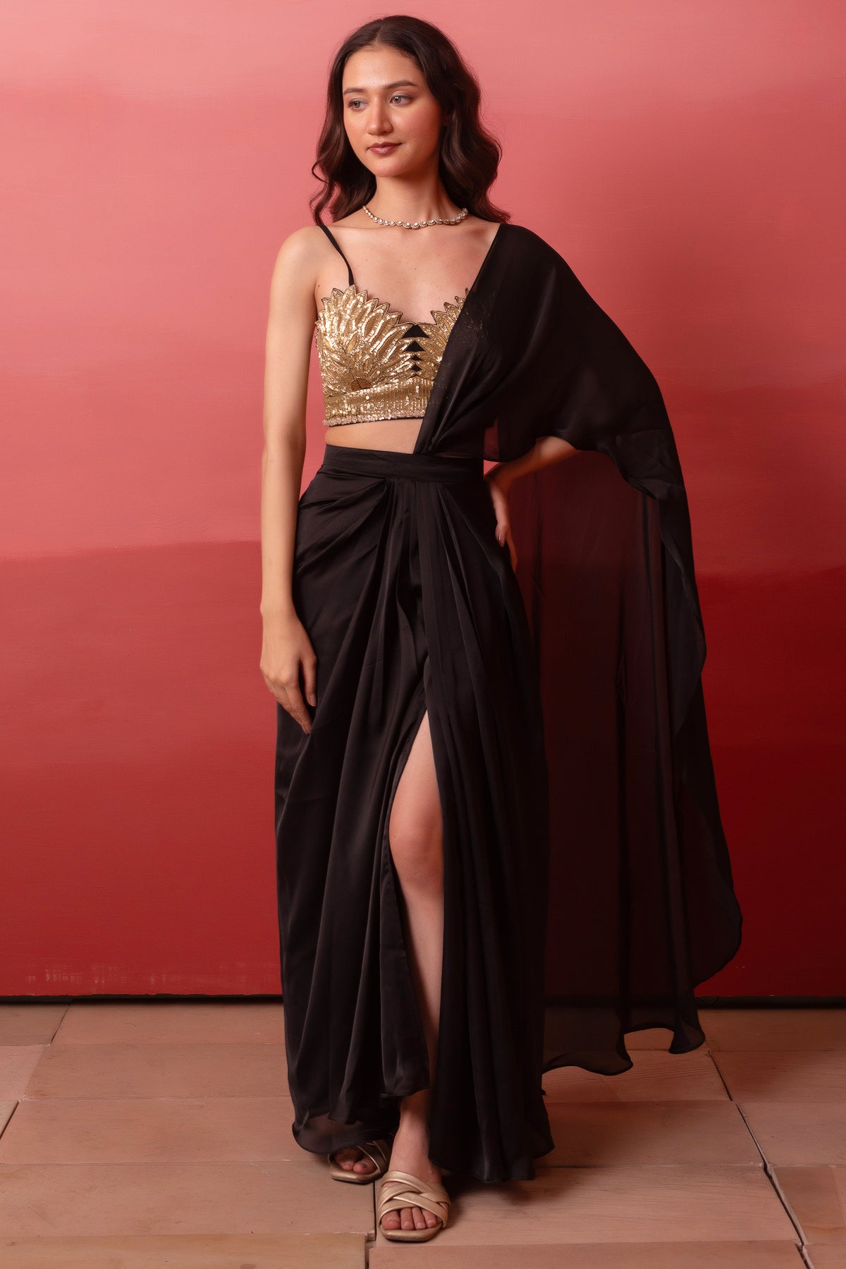 Black Satin High-Slit Draped Saree Set with Metallic Sequin Blouse