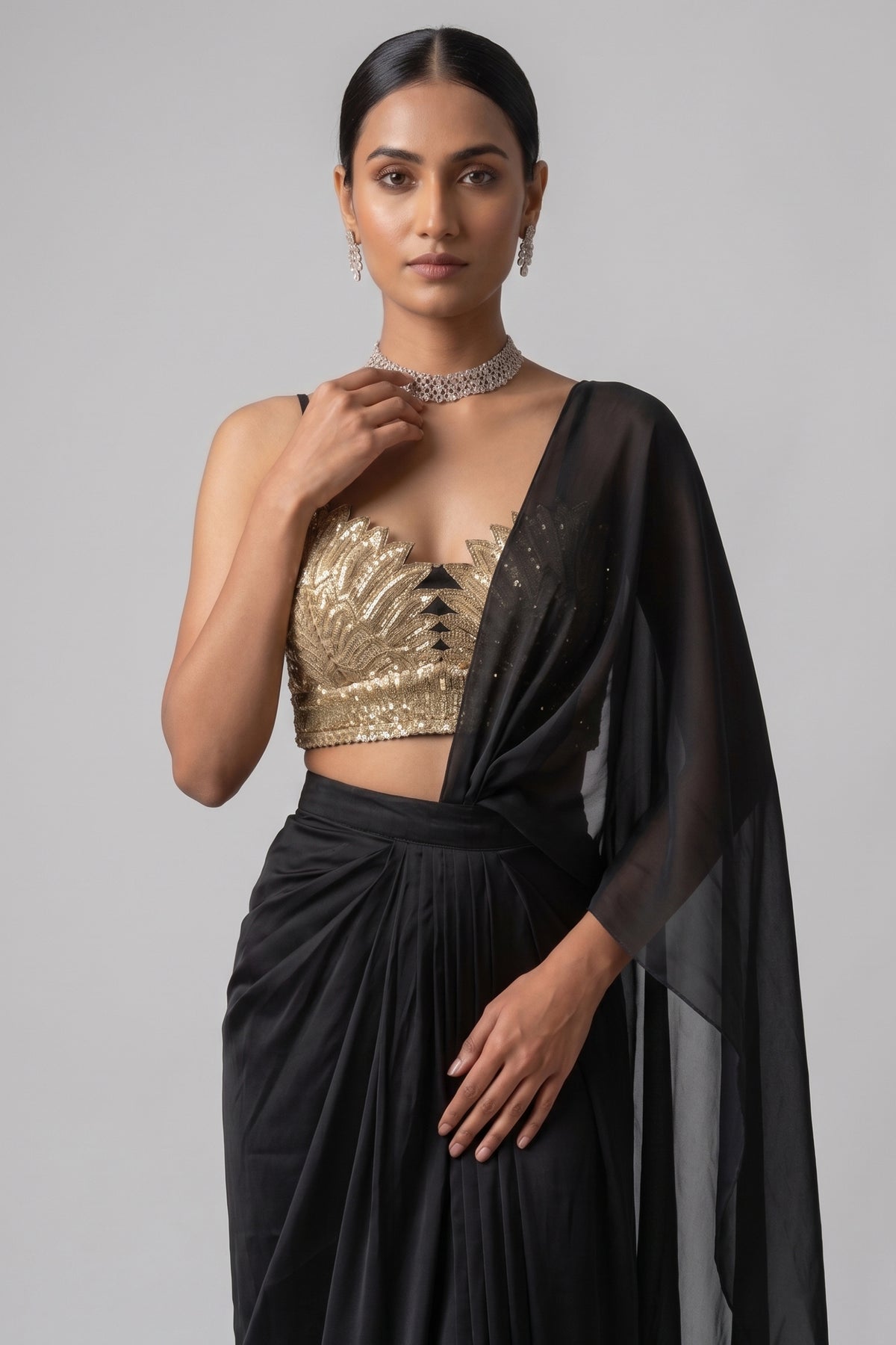 Black Satin High-Slit Draped Saree Set with Metallic Sequin Blouse