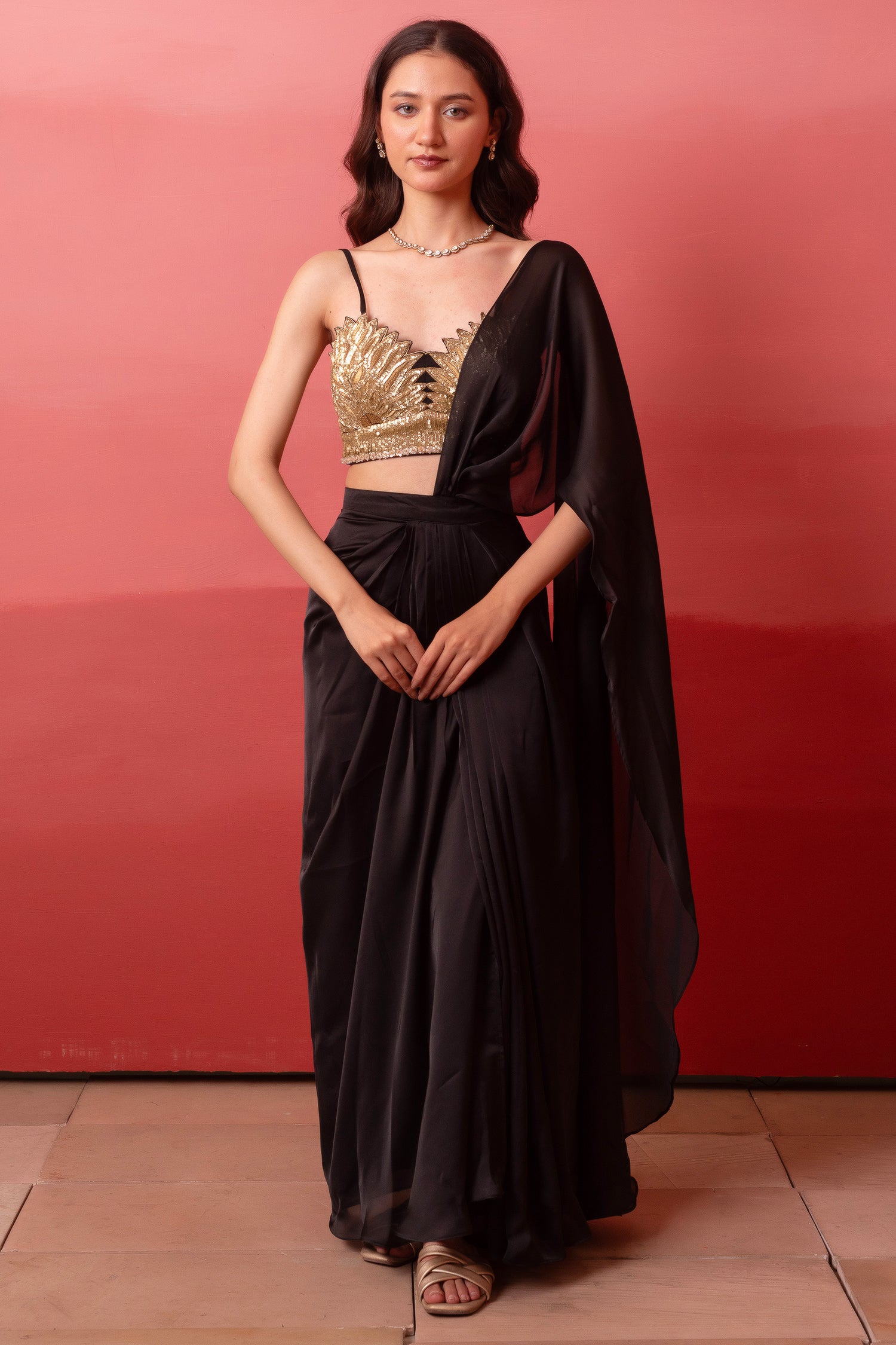 Black Satin High-Slit Draped Saree Set with Metallic Sequin Blouse