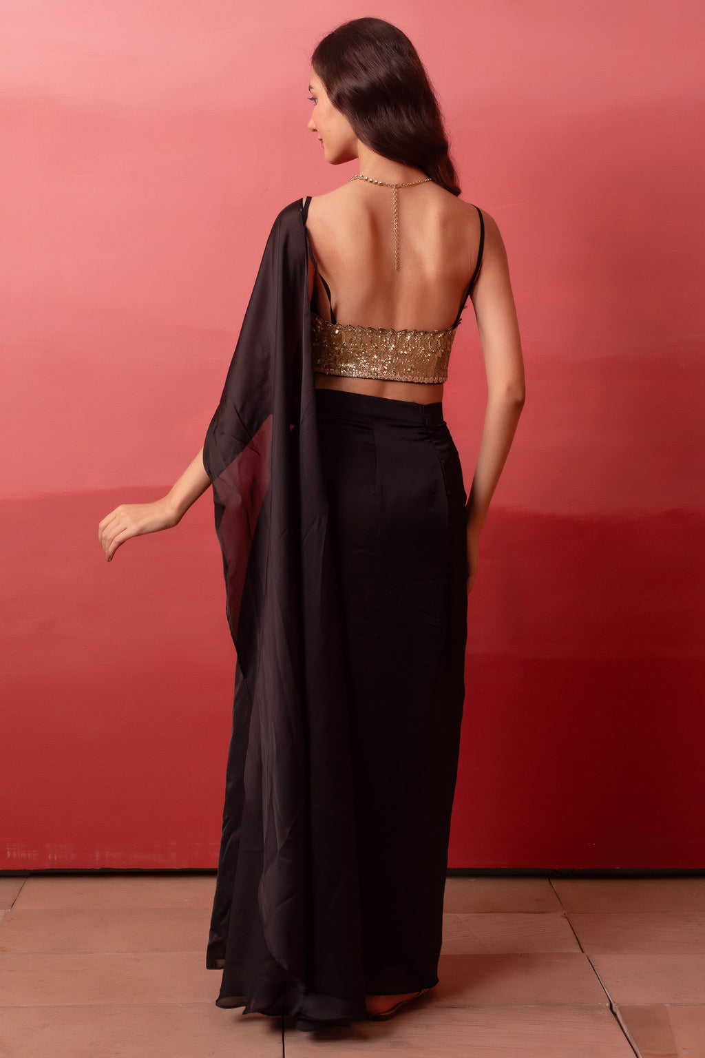 Black Satin High-Slit Draped Saree Set with Metallic Sequin Blouse