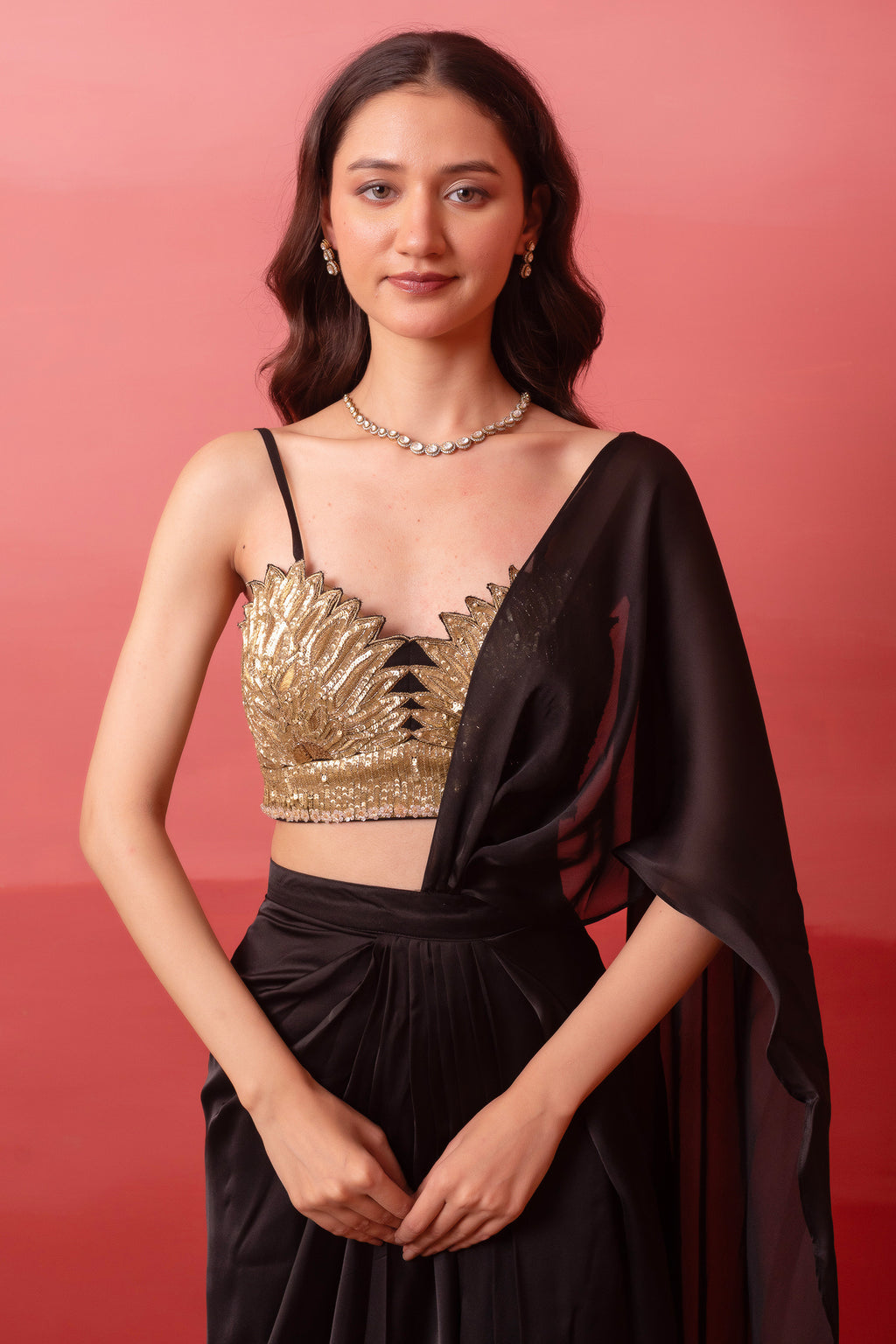 Black Satin High-Slit Draped Saree Set with Metallic Sequin Blouse