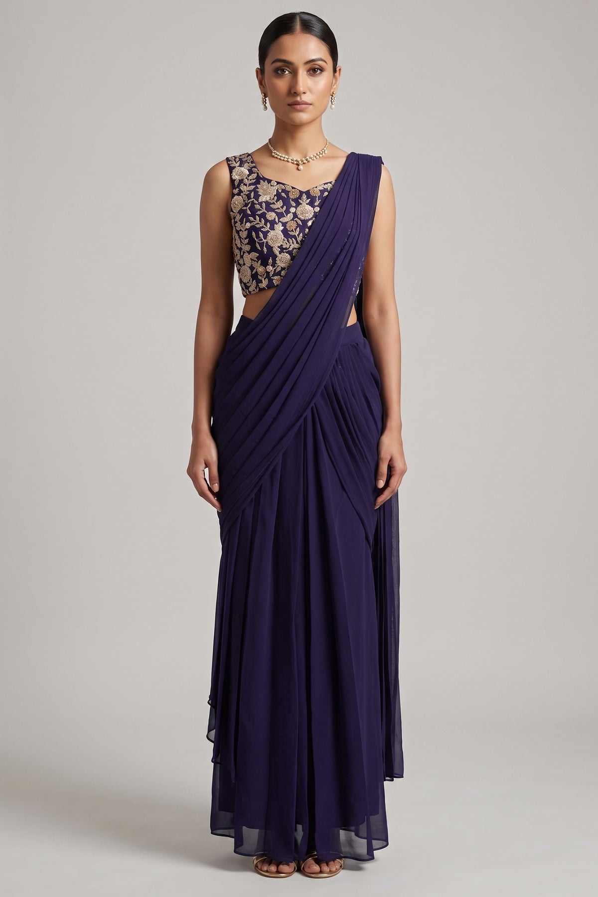Midnight Blue Georgette Draped Saree with Zari Embroidered Blouse