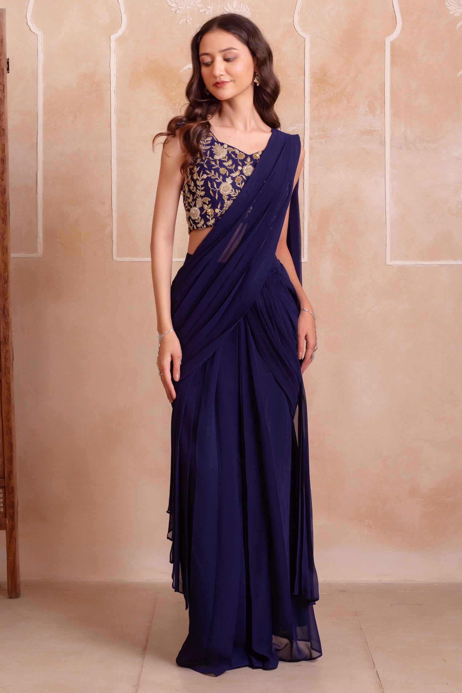 Midnight Blue Georgette Draped Saree with Zari Embroidered Blouse