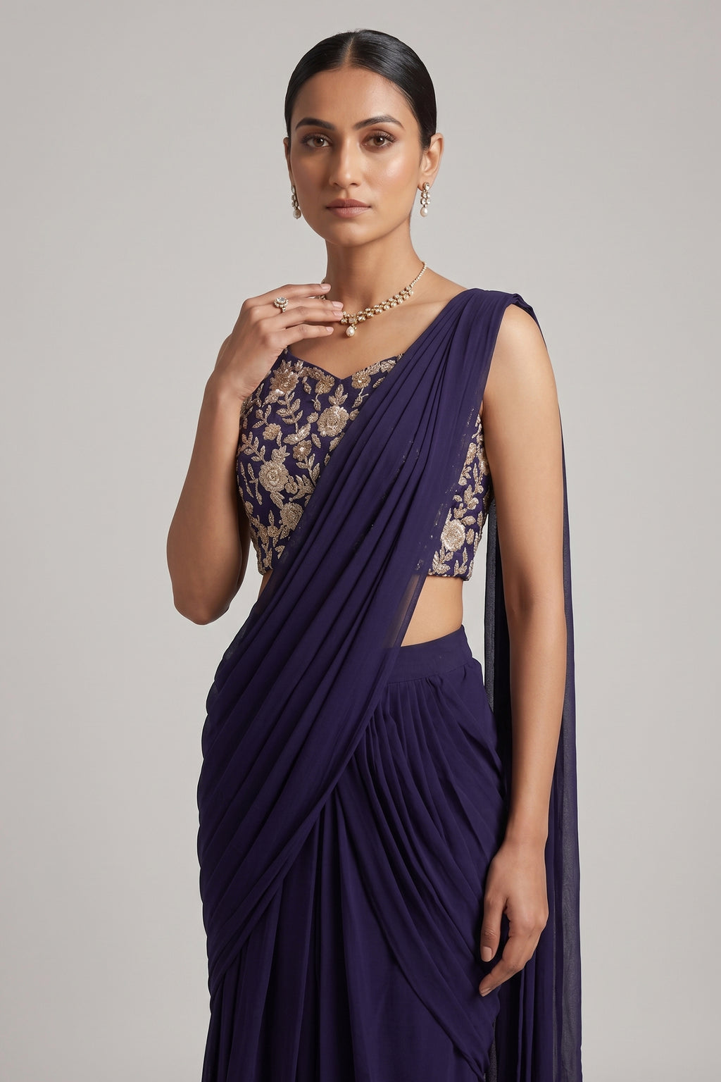 Midnight Blue Georgette Draped Saree with Zari Embroidered Blouse