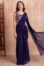 Midnight Blue Georgette Draped Saree with Zari Embroidered Blouse