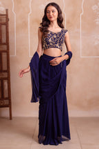 Midnight Blue Georgette Draped Saree with Zari Embroidered Blouse