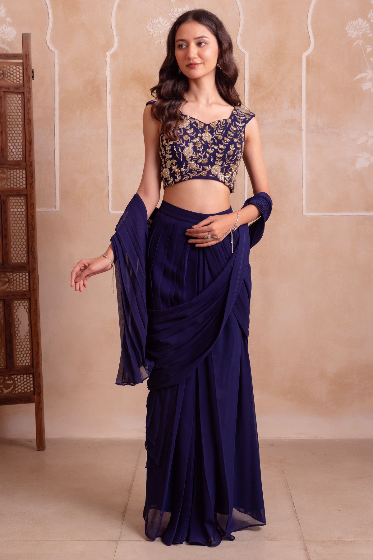 Midnight Blue Georgette Draped Saree with Zari Embroidered Blouse