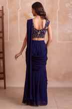 Midnight Blue Georgette Draped Saree with Zari Embroidered Blouse