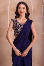 Midnight Blue Georgette Draped Saree with Zari Embroidered Blouse