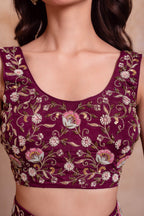 Wine Purple Chinon Pre-Stitched Saree with Embroidered Blouse