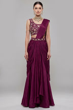 Wine Purple Chinon Pre-Stitched Saree with Embroidered Blouse