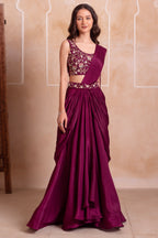 Wine Purple Chinon Pre-Stitched Saree with Embroidered Blouse
