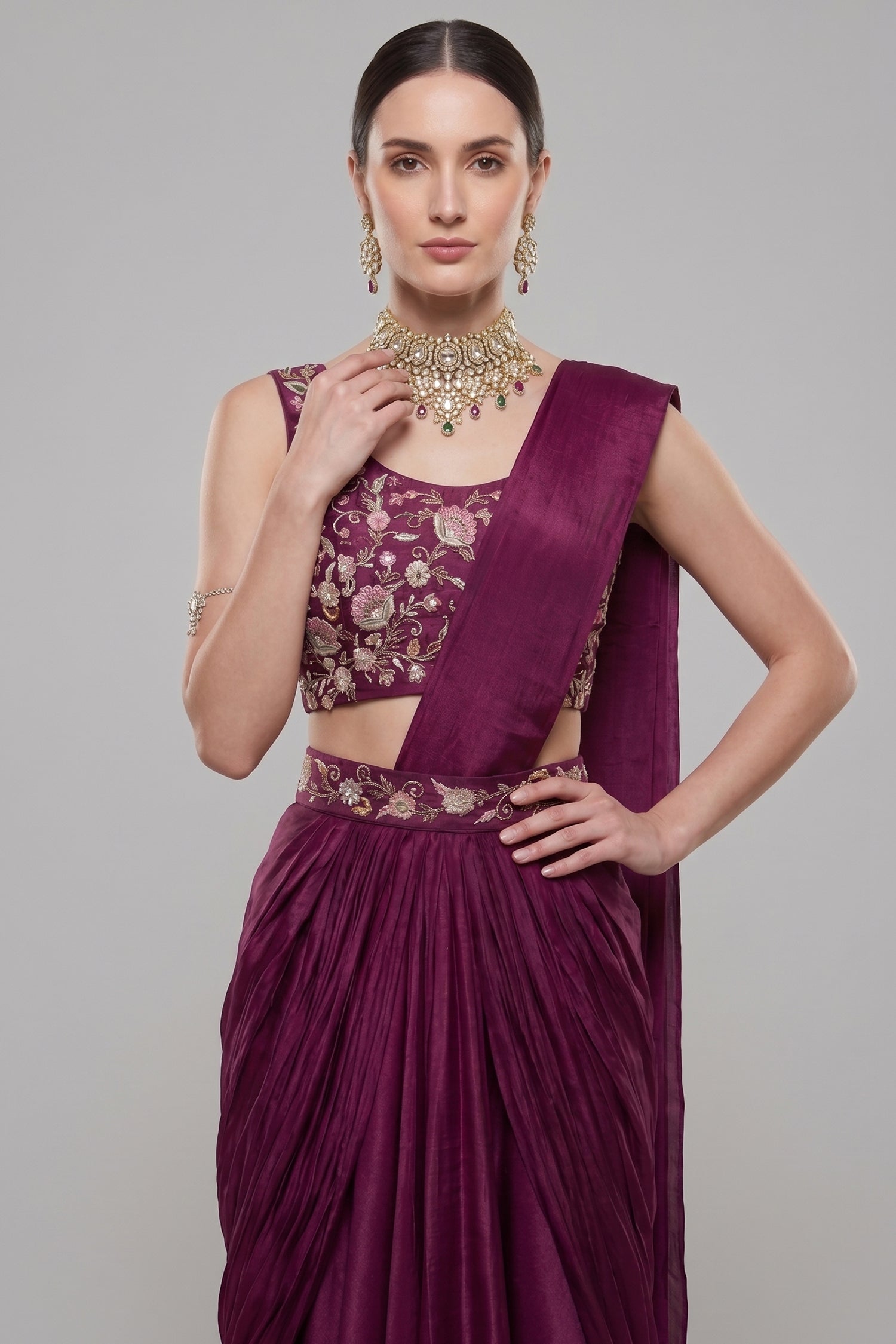 Wine Purple Chinon Pre-Stitched Saree with Embroidered Blouse Secondary image
