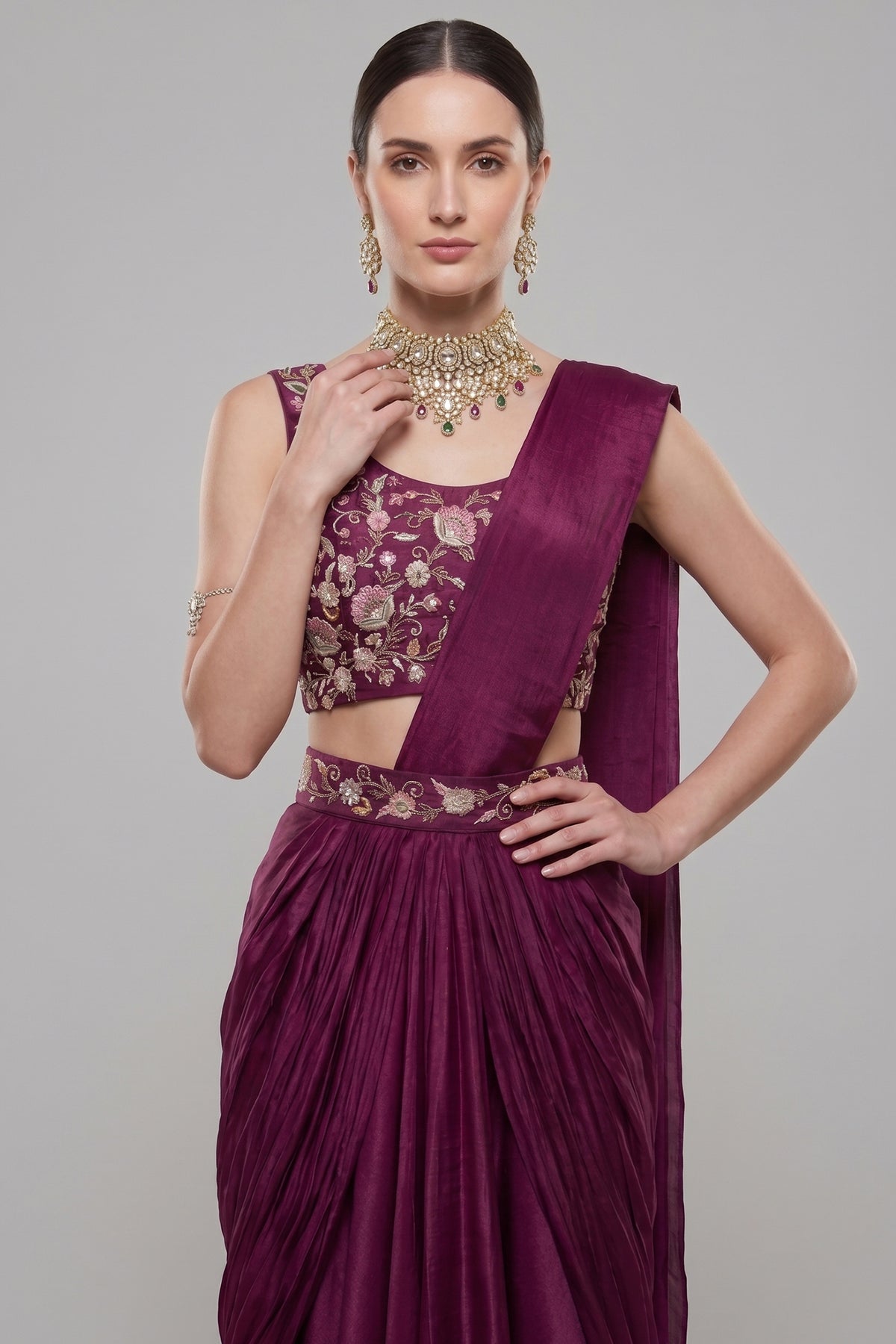 Wine Purple Chinon Pre-Stitched Saree with Embroidered Blouse