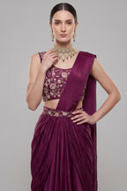 Wine Purple Chinon Pre-Stitched Saree with Embroidered Blouse