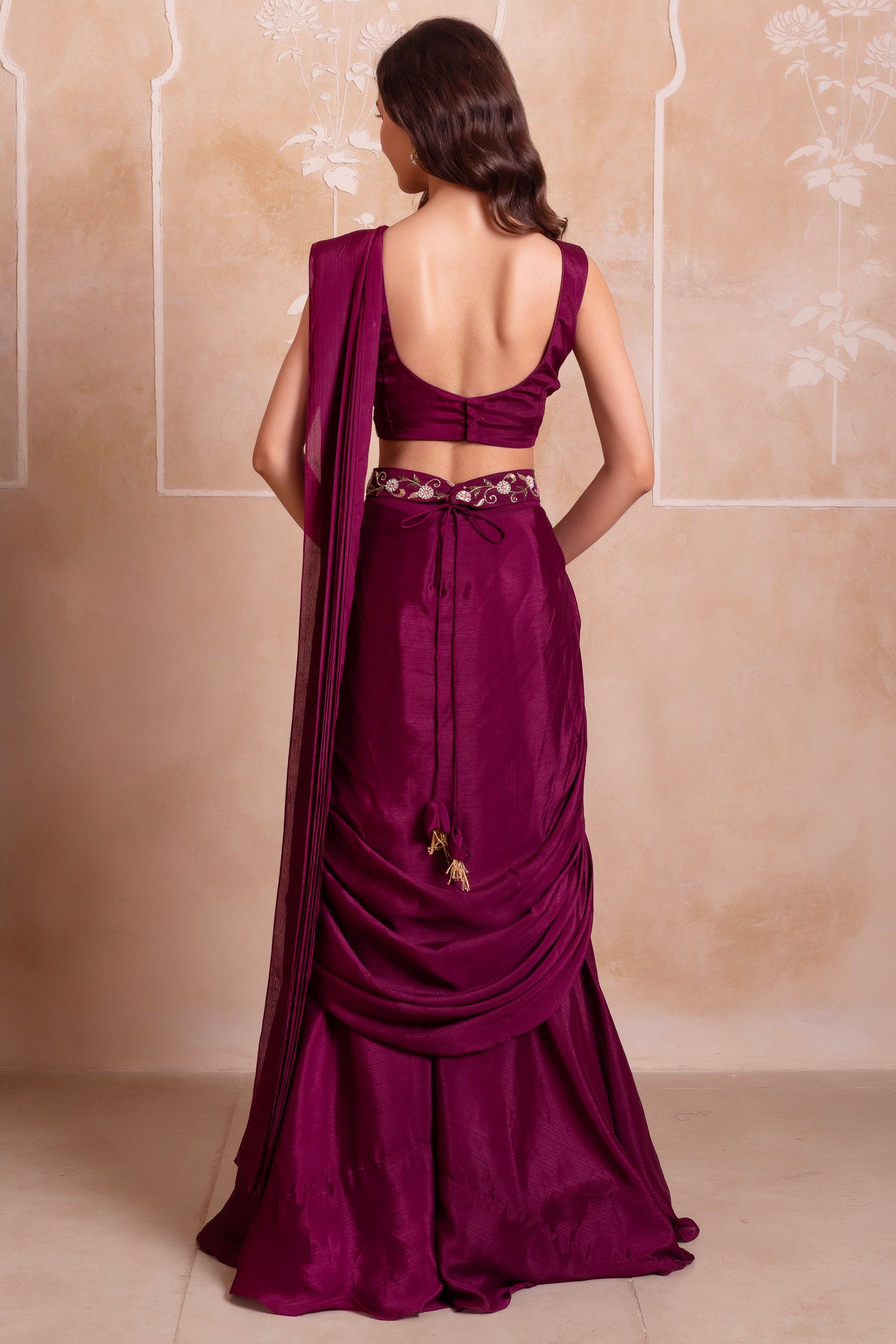 Wine Purple Chinon Pre-Stitched Saree with Embroidered Blouse