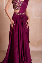Wine Purple Chinon Pre-Stitched Saree with Embroidered Blouse