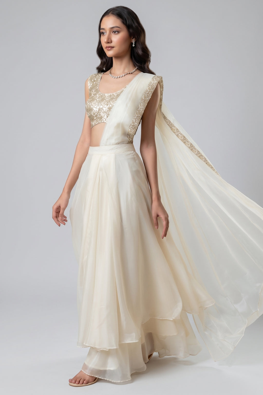 Off White Organza Tiered Draped Saree with Sequin Blouse