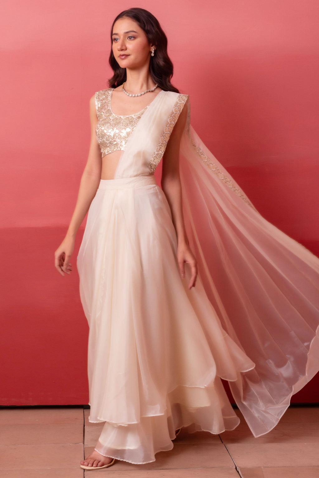 Off White Organza Tiered Draped Saree with Sequin Blouse