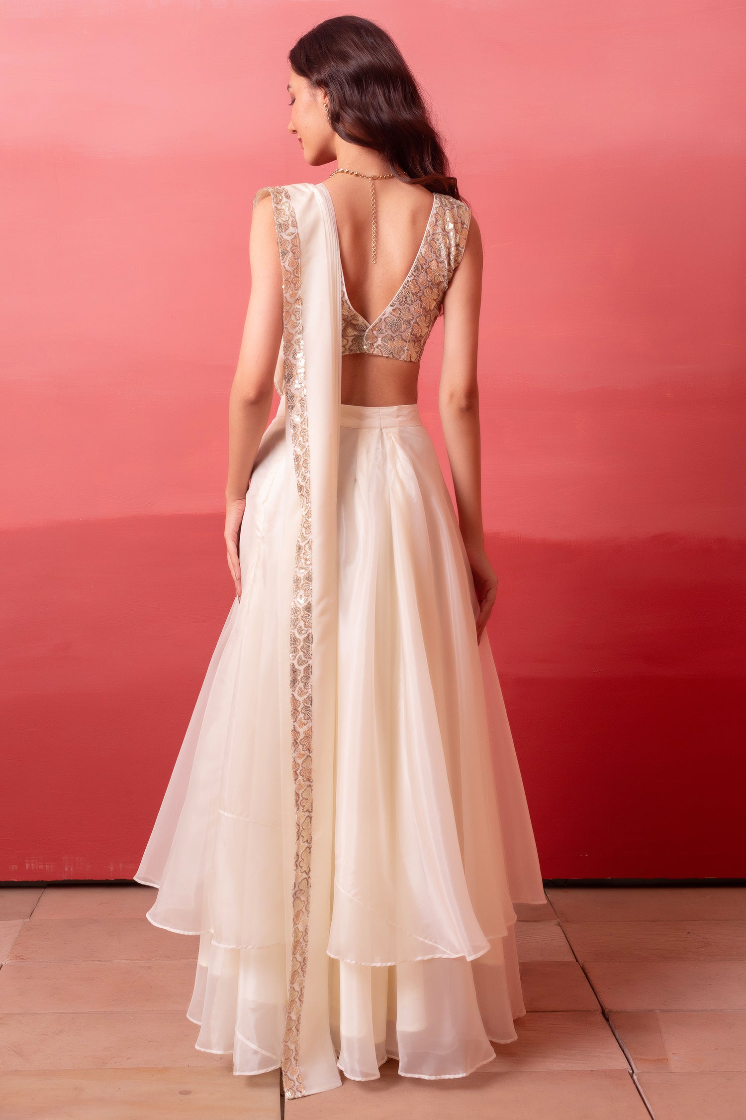 Off White Organza Tiered Draped Saree with Sequin Blouse